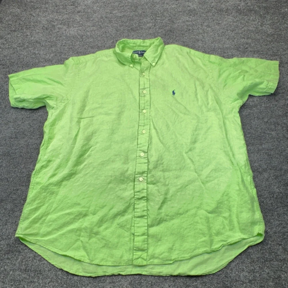 Vintage Polo Ralph Lauren Linen Shirt Mens XL Green Button Up Short Sleeve 90s
